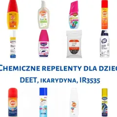 Kolekcja różnych środków odstraszających owady, w tym repelenty dla dzieci z DEET, ikarydyną i IR3535.