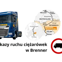 Niebieska ciężarówka DAF i mapa pokazująca trasę przez Brenner. Zakazy ruchu ciężarówek w Brenner.