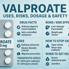 Opakowanie leku Valproate 500 mg, z informacjami o zastosowaniu, ryzyku, dawkowaniu i bezpieczeństwie.