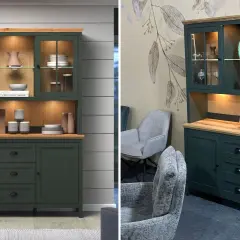 Nowy kredens w ciemnozielonym kolorze, z drewnianym blatem i przeszklonymi drzwiczkami, prezentuje się elegancko. Idealny do kuchni lub jadalni, podkreśla styl wnętrza.