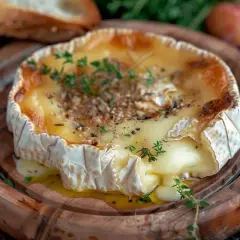 Un camembert braisé fondant, garni de thym et de poivre, prêt à être dégusté avec du pain croustillant.
