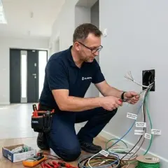 Elektryk przygotowuje jaki przewód do domofonu, podłączając kable do panelu w nowoczesnym wnętrzu z widocznymi schodami.