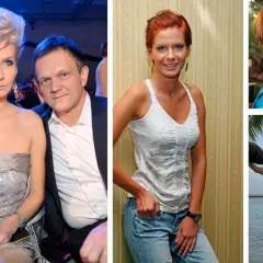 Cezary Pazura z żoną na zdjęciach. Widać jego żonę w różnych stylizacjach, od eleganckiej po plażową.