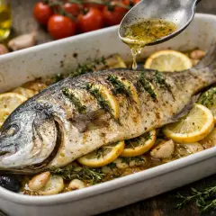 Dorade royale entière, garnie de rondelles de citron et de thym, arrosée d'une sauce savoureuse. Un délice de dorade royale plancha.