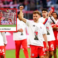 Piłkarze Bayernu świętują, jeden z nich podnosi pięść. W tle widać fragment z informacją "Der FC Bayern ist Meister!", sugerującą sukcesy w Pucharze Niemiec – statystyki.