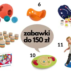 Kolaż zabawek sensorycznych dla dzieci: piłki, klocki, gra planszowa, huśtawka i dziewczynka na platformie balansującej.