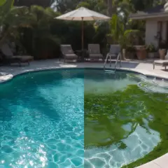 Vorher-Nachher-Vergleich eines Pools: Links klares, blaues Wasser, rechts starker Befall mit grünen Algen im Pool.