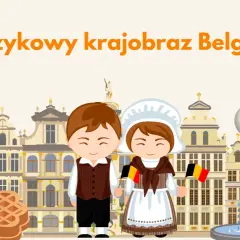 Dzieci w strojach ludowych z flagami Belgii, frytki, gofry i budynki na tle.