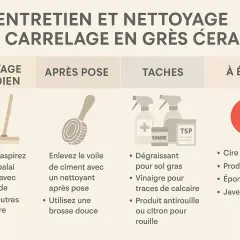 Guide pour nettoyer grès cérame encrassé : entretien quotidien, après pose, taches et produits à éviter.