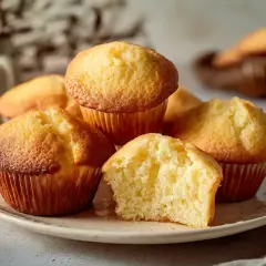 En tallrik med gyllene muffins, ett perfekt muffins recept. En är uppskuren och visar en fluffig insida.