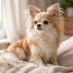 Długowłosy chihuahua siedzi na łóżku, z puszystym ogonem i uszami.