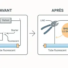 Schéma avant/après montrant comment supprimer le ballast d'un tube fluorescent pour le remplacer par un tube LED.