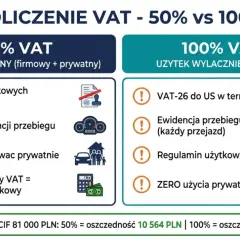 Porównanie odliczenia VAT 50% vs 100%. 50% VAT: brak formalności, użytek prywatny. 100% VAT: VAT-26 do US, regulamin, zero prywatnego użytku.