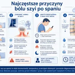 Ból szyi po spaniu: zła pozycja, przeciążenia (np. "szyja smartfonowa"), zmiany zwyrodnieniowe. Zadbaj o prawidłowe podparcie i unikaj chłodu, by ulżyć szyi.