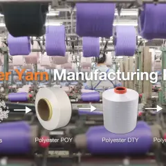 Vue d'une usine de fabrication de fil polyester. Des bobines de fil violettes et roses sont suspendues au-dessus de machines. Au premier plan, des granulés de polyester, un rouleau de fil POY, un rouleau de fil DTY et un rouleau de fil teint en orange.
