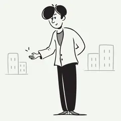 Un homme présente des immeubles, comme s'il expliquait comment rédiger une lettre pour rendre un appartement en location.