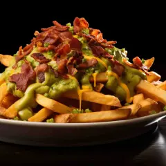 En hög med pommes frites toppad med ostsås, guacamole och knaprigt bacon. Dessa "dirty fries" ser otroligt goda ut!
