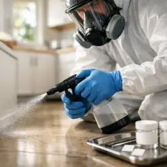 Person i skyddsdräkt sprayar vid golvlisten, kanske för att sanera en gammal asbest plastmatta.