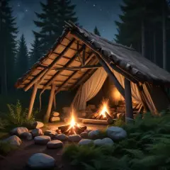 Mysig natt i skogen. Varmt sken från elden i vindskyddet, perfekt för att sova i vindskydd.