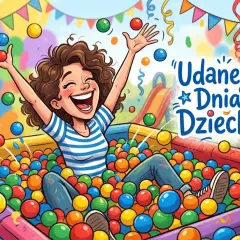 Radosna kobieta w basenie z piłeczkami, świętująca dzień dziecka dla dorosłych.