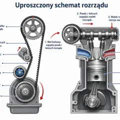 Uproszczony schemat rozrządu: wał korbowy napędza pasek, który z kolei napędza wałek rozrządu sterujący zaworami. Kluczowa jest wymiana rozrządu.