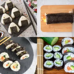 Onigiris y rollos de sushi, algunos con alga nori en el mar, listos para disfrutar.