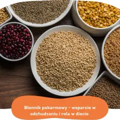 Miseczki pełne ziaren: fasola, soczewica, pszenica, proso, soja. W czym jest błonnik? W tych zdrowych produktach!