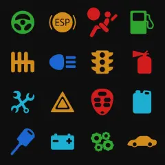 Tabella spie macchina con icone colorate: auto, volante, ESP, airbag, benzina, ABS, batteria, ingranaggi, ecc.