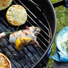 Grillad kyckling med citron och rosmarin på grillen. En tallrik med kyckling, chilifrukter och örtsås står bredvid.