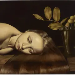 Anna Weyant's painting, reminiscent of a classical still life, features a reclining nude with long, flowing hair beside a vase of golden flowers. Larry Gagosian would appreciate this work.
