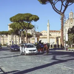 Un bus metro, taxi e carrozza a cavalli sfrecciano su un acciottolato a Roma, con edifici storici e pini marittimi sullo sfondo.