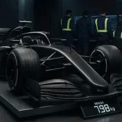 Czarny bolid F1 na wadze pokazuje, ile waży bolid F1: 798 kg. Zespół inżynierów analizuje dane.
