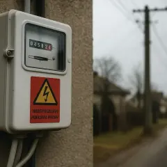 Licznik energii elektrycznej z ostrzeżeniem o porażeniu prądem. Nie wiadomo, po jakim czasie wyłączają prąd w tej okolicy.