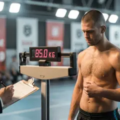 Bokser waży 85 kg przed sparingiem. Trener notuje wynik.