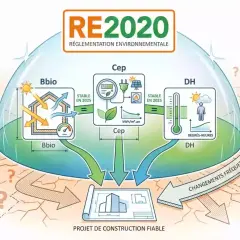 Schéma RE2020 : Bbio, Cep, DH influencent un projet de construction fiable, malgré complexité et incertitudes.