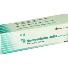 Opakowanie maści do oczu Neomycinum Jelfa 3g, zawierającej neomycyny siarczan. Przechowywać w miejscu niedostępnym dla dzieci.