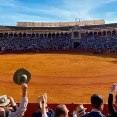 Espectadores en una **plaça de toros** levantan pañuelos y sombreros ante la arena dorada y el público en las gradas.