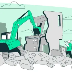 Escavatore demolisce edificio. Lavoratore con martello. Scadenza durata permesso di costruire 5 anni.