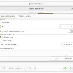 Okno programu gscan2pdf z ustawieniami skanowania dokumentu. Widoczne opcje numeracji stron, źródła dokumentu (jednostronny/dwustronny) i profilu skanowania. Program obsługuje OCR.