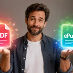 Un homme présente un PDF rouge et un ePub vert, symbolisant la version numérique définition.