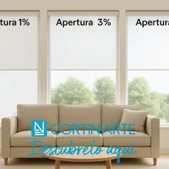 Tres ventanas con persianas de **tejido screen** muestran diferentes aperturas (1%, 3%, 5%) sobre un sofá beige.