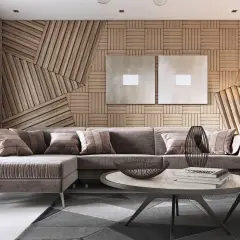 Moderne Wohnzimmer streichen Ideen: Gemütliche Sofagruppe vor einer Wand aus Holzlamellen mit zwei quadratischen Bildern.