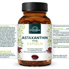 Unimedica Astaxanthin 4mg Kapseln: Natürliches Astaxanthin von AstaPure®. Die empfohlene Astaxanthin Dosierung ist täglich 1 Kapsel.