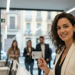 Mujer sonríe mostrando su DNI para firmar con certificado digital. En el fondo, otras personas esperan.