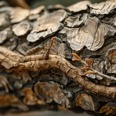 Gros plan sur l'écorce texturée d'un orme, prête pour le bois de chauffage. Des bourgeons timides annoncent le printemps.