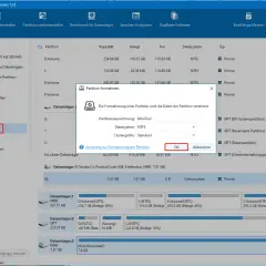 Dialogfeld "Partition formatieren" in MiniTool Partition Wizard. Warnung: Daten gehen verloren. OK zum Fortfahren.