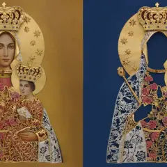 Dwie wersje ikony Matki Boskiej z Dzieciątkiem, ukazujące, jak wyglądała Maryja w bogatych szatach i koronach, ozdobione różami.
