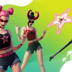 Dwie postacie w letnich strojach, jedna z różowymi kucykami, druga z rogami. Obok nich neonowa gwiazda i topór. To plażowa wiedźma Fortnite!