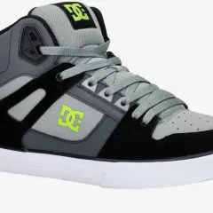 Buty skate DC pure w kolorze szaro-czarnym z neonowo-zielonym logo. Idealne na deskorolkę.