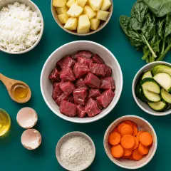 Zutaten für hundefutter selber kochen: Rindfleischwürfel, Reis, Kartoffeln, Zucchini, Karotten, Spinat, Eierschalen, Öl und Mehl.